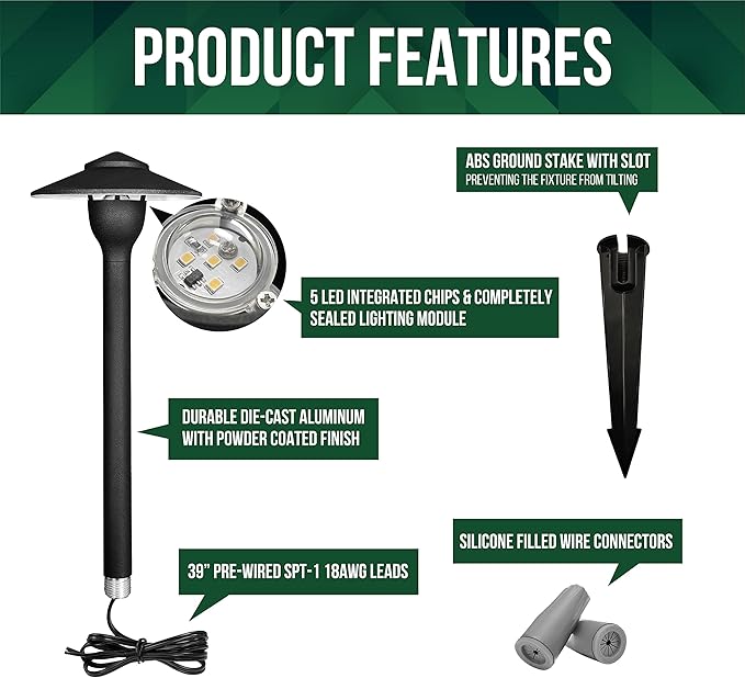 GKOLED 6-Pack Aluminum Pathway Lights, Low Voltage LED Landscape Path Light, 9-15V AC/DC Outdoor Walkway Lighting with 3W 3000K Integrated LED Chips for Yard Lawn, Ground Stake, Black