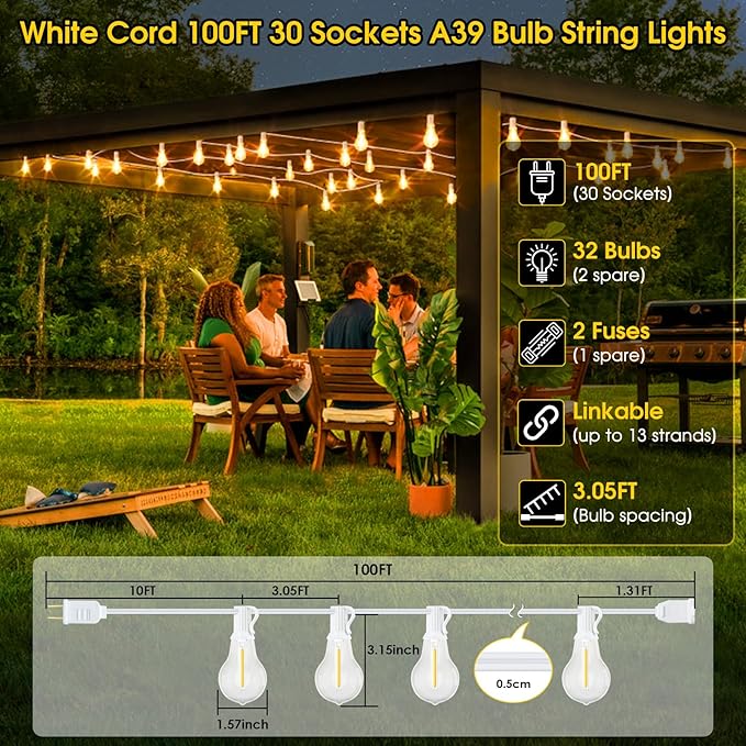 100FT Outdoor String Lights, LED Patio Lights with 32 Waterproof Shatterproof Dimmable A39 Hanging Bulbs(2 Spare) | Lumora