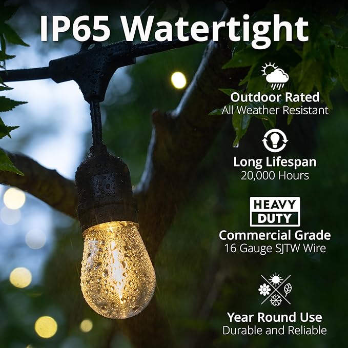 Wintergreen Lighting 50ft S14 Shatterproof Outdoor String Lights, 25 Edison Bulbs on Suspended Sockets Dimmable LED | Lumora