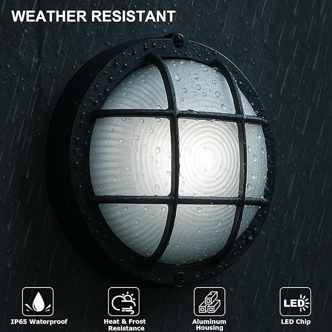 GRUENLICH 8'' Round LED Bulkhead Light, Outdoor Wall Lights Dimmable, Sauna & Exterior Lighting, ETL Rated, 15W 1600 Lumen, 5000K Daylight White, Black Cast Aluminum, Wall/Ceiling Mount, 2 Pack