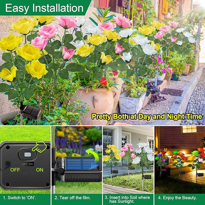 Solar Lights Outdoor Waterproof, 2026 Upgraded Solar Garden Lights with Beautiful & Realistic Rose Flowers, 7 Color Changing Outdoor Solar Lights for Outside Yard Porch Patio Garden Decor, 3 PK