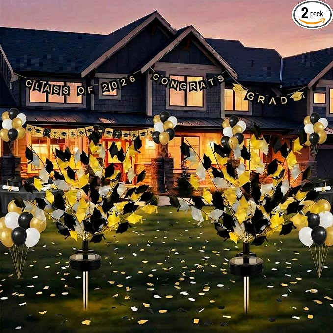 VIHOSE 2 Pack 2026 Graduation Decorations Solar Stake Lights - Gold Black Silver Grad Cap LED Yard Sign, Ip65 Waterproof Solar Powered Outdoor Lights for Class of 2026 Party Lawn Pathway Patio Decor
