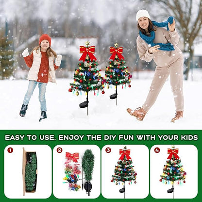KHOYIME Solar Christmas Tree 4 Pack 33.5in Outdoor Waterproof Solar Powered Prelit Xmas Tree with 80 LED Lights 2 Flashing Modes 136 DIY Xmas Ornaments Holiday Decoration for Garden Pathway Yard Patio