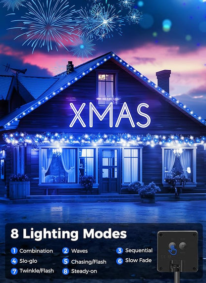 Minetom Solar Christmas Lights Outdoor Waterproof - 40FT 100 LED With 8 Modes - Decoration for Outside House, Tree, Party, Yard - Blue & Pure White