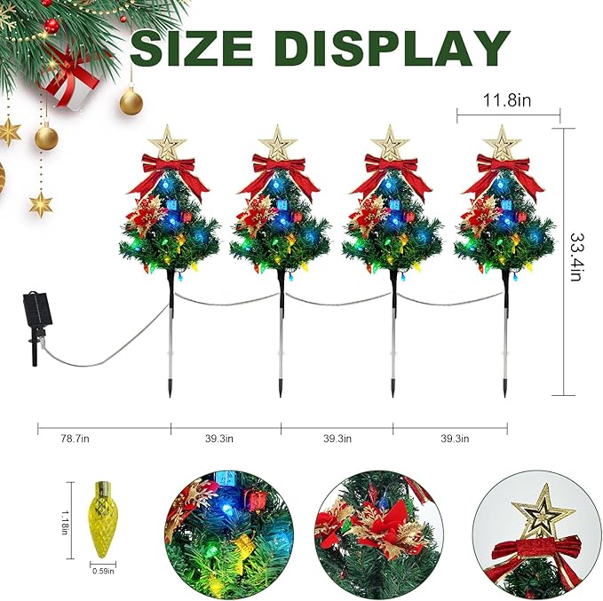 Solar Christmas Tree Pathway Lights Outdoor, Set of 4 Solar Christmas Tree, 80 Outdoor LEDs Xmas Pathway Lights, Garden Decor DIY Xmas Tree Gift (Multicolor)