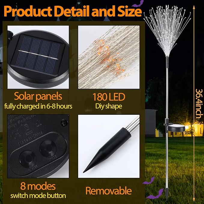 4th of July Decorations Outdoor 4 Pack Colored Solar Firework Lights with 180 LED Patriotic Solar Lights 8 Lighting Modes for Yard Pathway Garden Patio Party Decorations(Green, Orange, Purple)