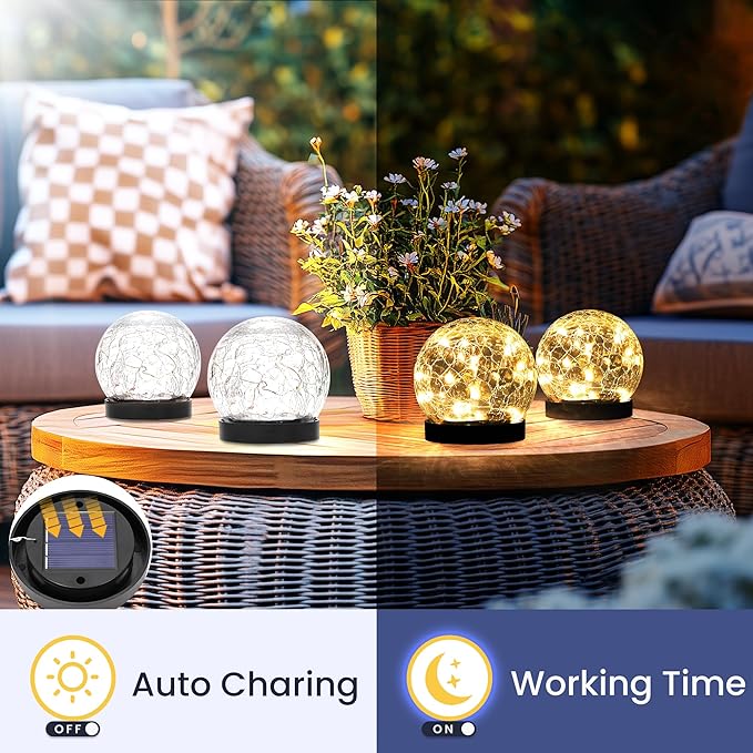Solar Lights Outdoor for Yard Patio Porch, Garden Decor Birthday Gifts for Mom Women, Solar Globe Lights Waterproof Cracked Glass Ball Outdoor Decorations Balcony Backyard (2 Pack Warm White)