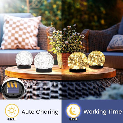 Solar Lights Outdoor for Yard Patio Porch, Garden Decor Birthday Gifts for Mom Women, Solar Globe Lights Waterproof Cracked Glass Ball Outdoor Decorations Balcony Backyard (4 Pack Warm White)