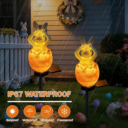 Solar Easter Egg Bunny Lights Outdoor, Waterproof Easter Solar Lights Rabbit Bunny Garden Statue Easters Yard Egg Decorations Outdoor for Outside Cemetery Grave (Orange Don't Hear)