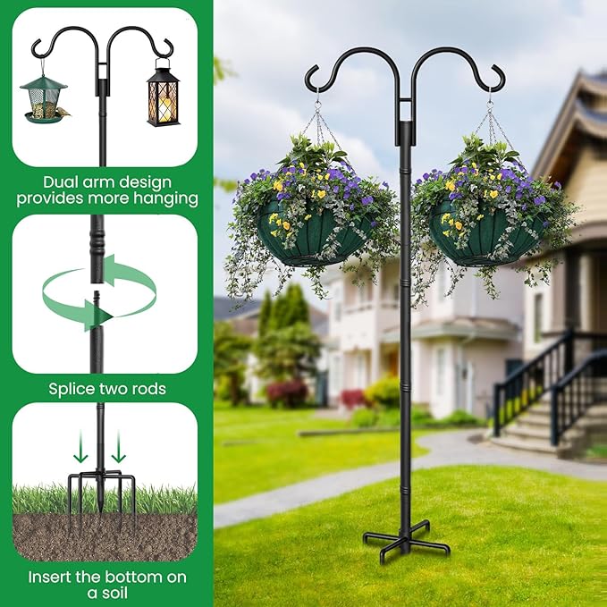 BEAU JARDIN Double Shepherds Hooks for Outdoor 76”2 Pack + 8 Pack Solar Pathway Lights