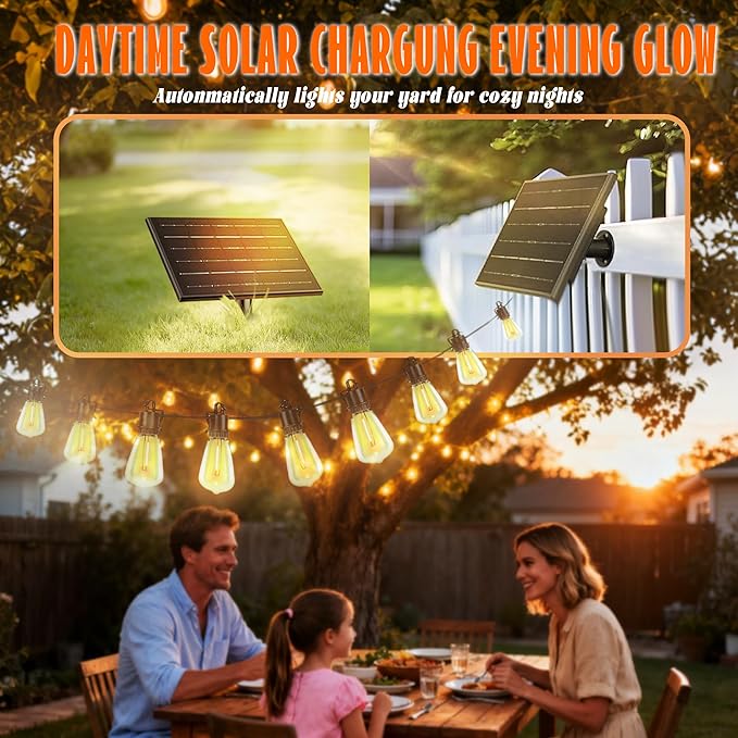 GUNABAY Outdoor Solar String Lights with Remote -100FT Wire and 50+1 LED shatterproof Bulbs,dimmable Waterproof Fairy Lights for Patio, Garden, Yard, Balcony & Party Decor