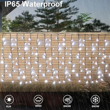 DBFAIRY Solar Curtain Lights,19.6ft x 3.3ft 300 LED Outdoor Christmas Solar Curtain Lights Waterproof Green Wire with 8 Mode for Garden Handrail Railing Eaves Wall Decoration -Cool White