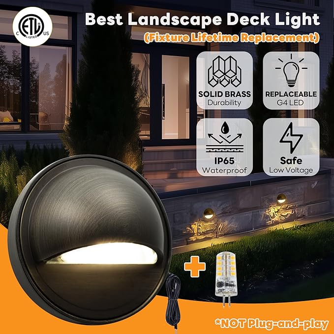 Gardenreet Low Voltage Deck Lights - Landscape Solid Brass Step Lights Outdoor, 12V LED Hardwired Waterproof, Round | Lumora