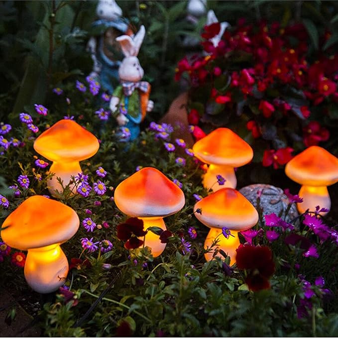 Set of 3 Orange Solar Powered Mushroom Toadstool LED Outdoor Waterproof Garden Pathway Landscape Lights