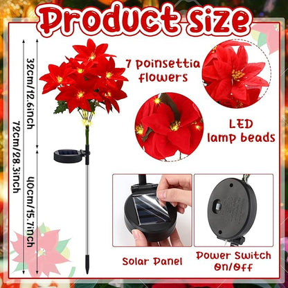 VIHOSE 4 Pcs Christmas Solar Flowers Lights Artificial Poinsettia Landscape Waterproof Solar Poinsettia Lights for Outdoor House Yard Lawn Patio Garden Pathway Christmas Party Supplies (7 Flowers)