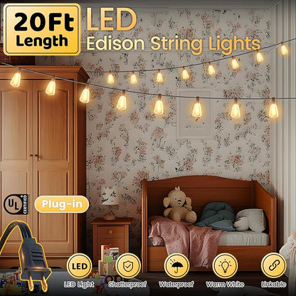 Outdoor String Lights 20FT - LED Waterproof Patio Lights Shatterproof ST38 Edison Bulbs, Connectable Hanging Vintage Lights for Outside Indoor Garden Backyard Deck Porch Party Decor