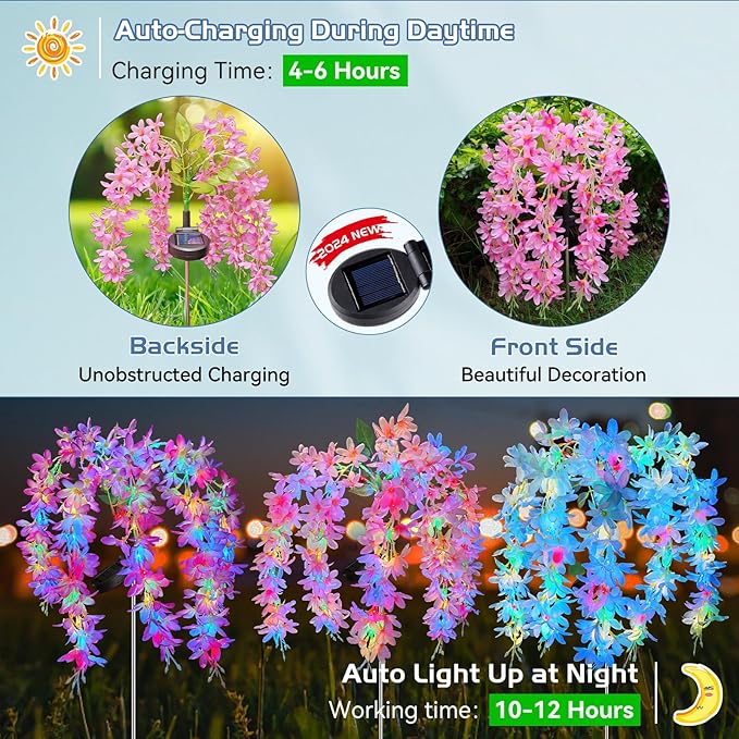 Neporal Solar Flowers Outdoor Waterproof IP65, 5 Lilac Flower Vines with 140+ Flowers, 2 Lightning Modes &Enlarged Solar Panel, 3PK Blue/Pink/Purple Solar Garden Lights Outdoor for Garden, Yard Decor