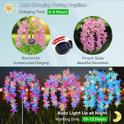 Neporal Solar Flowers Outdoor Waterproof IP65, 5 Lilac Flower Vines with 140+ Flowers, 2 Lightning Modes &Enlarged Solar Panel, 3PK Blue/Pink/Purple Solar Garden Lights Outdoor for Garden, Yard Decor