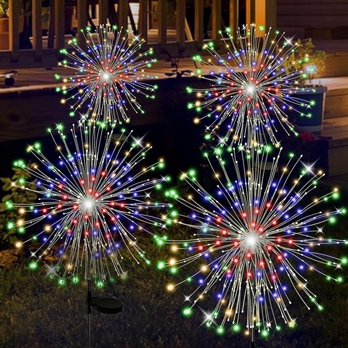 ALSO GO Solar Garden Lights Outdoor Waterproof, 4 Pack 480 LED Solar Firework Lights, Decorative Garden Décor Outside for Flowerbed Pathway Party Christmas Decoration, Multicolor