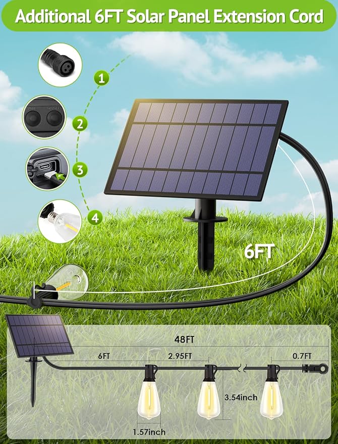 48FT Solar String Lights Outdoor with Remote, Waterproof Dimmable Patio Lights with 15+1 LED ST38 Bulbs 3 Modes | Lumora