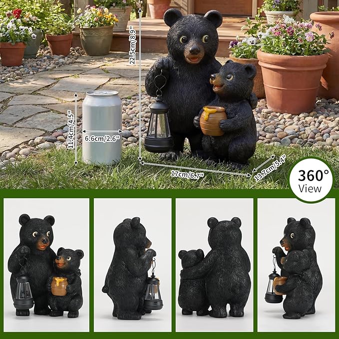Lavezee Garden Bear Statues, Mother and Baby Bear Figurines with Solar Lantern for Outdoor Porch Yard Lawn, Unique Bear Gifts for Mom Grandma Wowen
