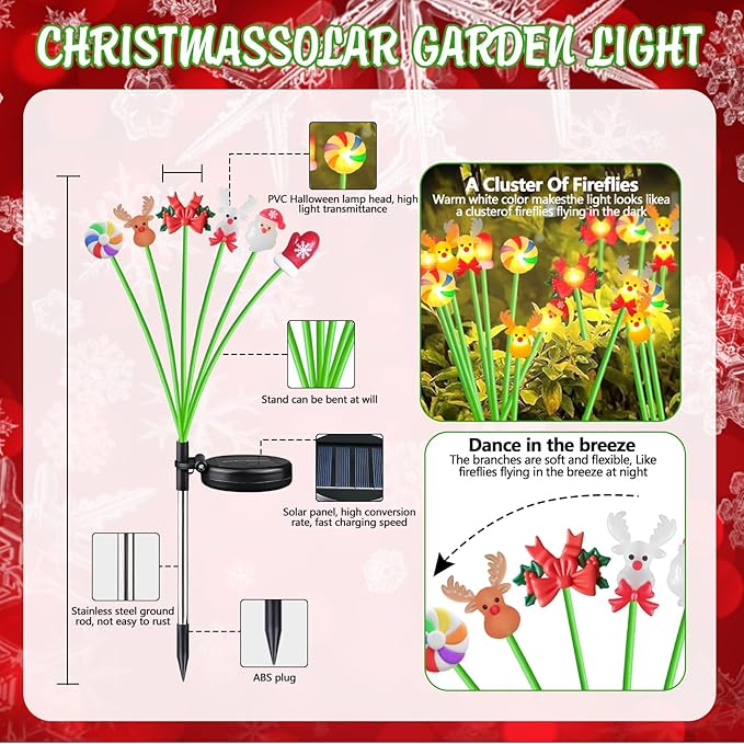 Christmas Solar Garden Lights Outdoor, 4 Pack 24 LED Firefly Swaying Lights with Santa Reindeer Candy Cane Mitten Decor, 6 Heads Waterproof Pathway Yard Lawn Holiday Decorations (CH LEDs)