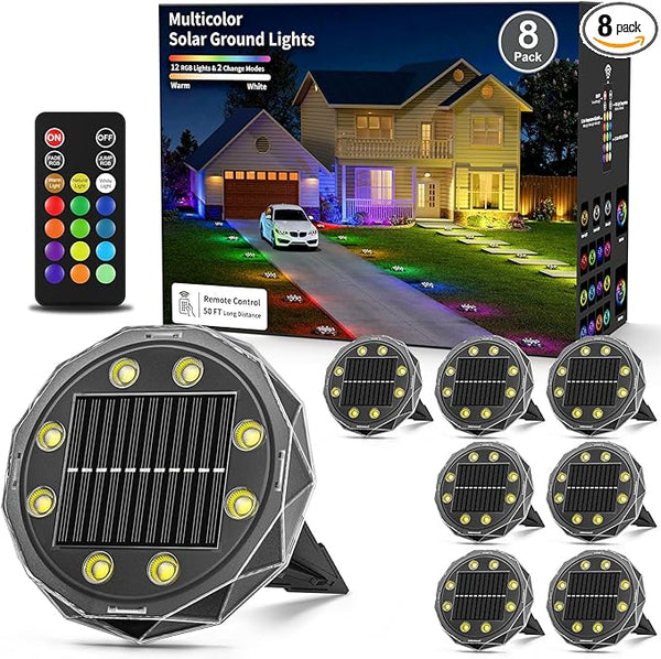 Solar Ground Lights with Remote Control 50ft,IP67 Waterproof Solar Garden 15 Multi Color Lights,RGBYW Solar Powered | Lumora