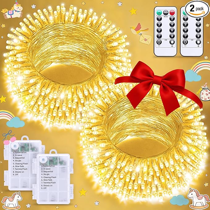 JMEXSUSS 2 Pack Battery Operated String Lights for Bedroom, Total 66ft 200 LED Ramadan String Lights Indoor Outdoor with Remote, Warm White Battery Christmas Lights for Room Tree Porch Party Yard Car
