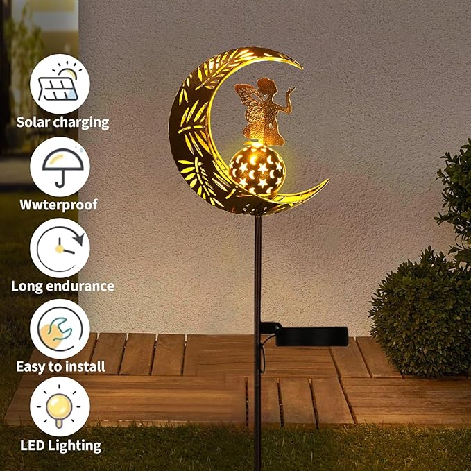 Tremdwoto Christmas Decorations Solar Garden Fairy Statues ，Outdoor Moon Fairy Stakes，Waterproof Led Garden Stake Light for Patio,Lawn，Path,Great Gifts for Women