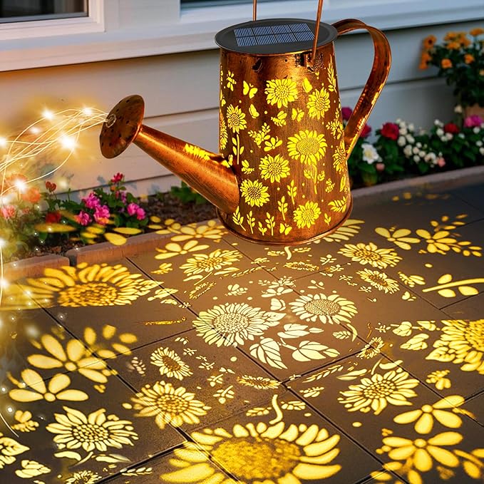 VOOKRY Solar Lights Outdoor Decoration, Large Retro Hanging Metal Solar Watering Can Lights Waterproof Sunflower Garden Decor Outside for Yard Lawn Patio Porch, Gifts for Women Mom Grandma Birthday