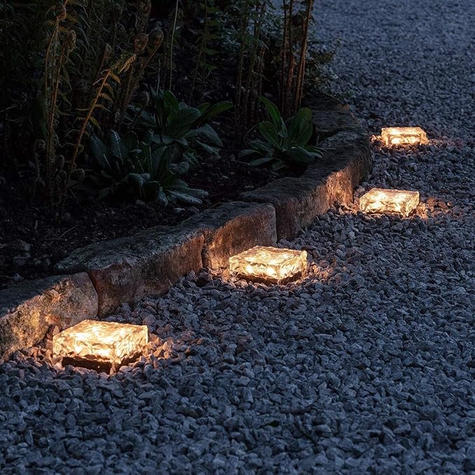 4 Pack Solar Path Ice Cube Lights Outdoor, Waterproof Glass LED Glass Clear Brick in-Groud Buried Festive Light Night Lamp for Garden Courtyard Pathway Patio Pool Pond Decoration(Warm White)