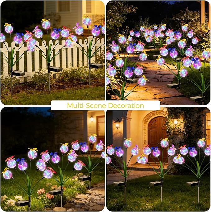 2 Pack Solar Outdoor Decorative Lights, Garden Lights Solar Powered with 12 Led Globe Lights and Butterflies, Gifts for Women Grandma, Solar Decorations for Garden Yard Lawn Ornaments (Butter Colored)