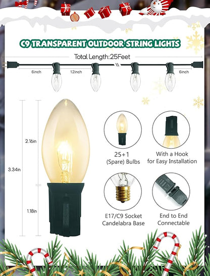 C9 Clear Christmas Lights, 25Ft Vintage Outdoor String Lights with 26 C9 Clear Bulbs, Hanging Christmas Roofline Lights for Outdoor Halloween Christmas Patio, Cafe, Party Decor- Green