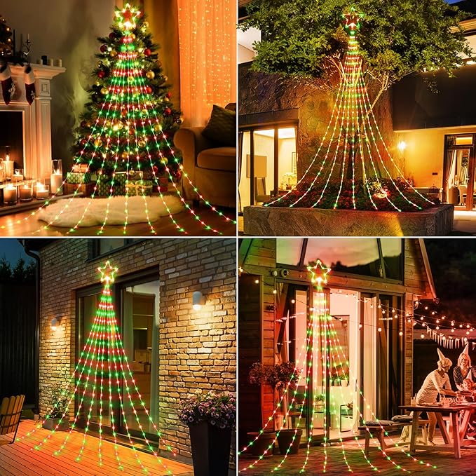 Christmas Decorations Star String Lights - 344 LED 11.8ft 9 Strands Waterfall Tree Lights with Topper Star, 8 Lighting Modes Indoor Outdoor Decorative Lights for Wedding Yard Party Home, Red & Green