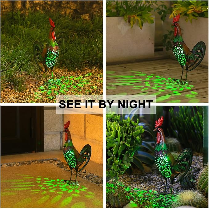 Solar Rooster Statue Light Outdoor, 18" Metal Yard Art Rooster Figurines(Retro Rooster).