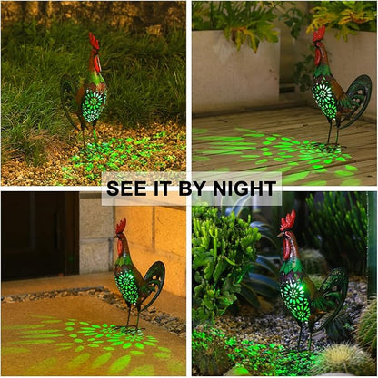 Solar Rooster Statue Light Outdoor, 18" Metal Yard Art Rooster Figurines(Retro Rooster).