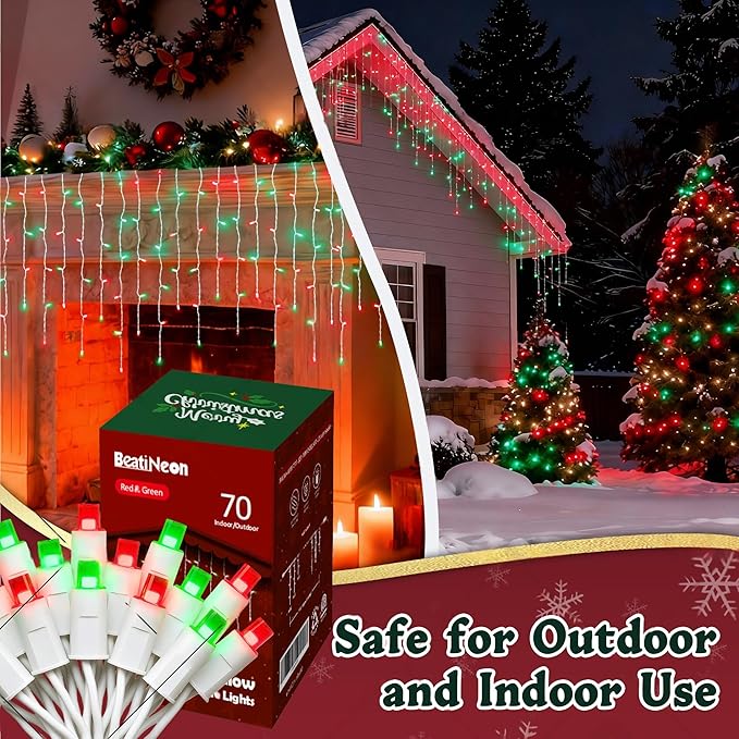 7ft Icicle Lights, 70 LED Red & Green Twinkle String Lights, Commercial Grade IP68 Waterproof, Soft Glow Mini LED Icicle Lights for Christmas Party, Eaves, Roofs, Holiday Indoor Outdoor Decoration