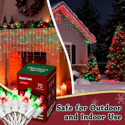7ft Icicle Lights, 70 LED Red & Green Twinkle String Lights, Commercial Grade IP68 Waterproof, Soft Glow Mini LED Icicle Lights for Christmas Party, Eaves, Roofs, Holiday Indoor Outdoor Decoration
