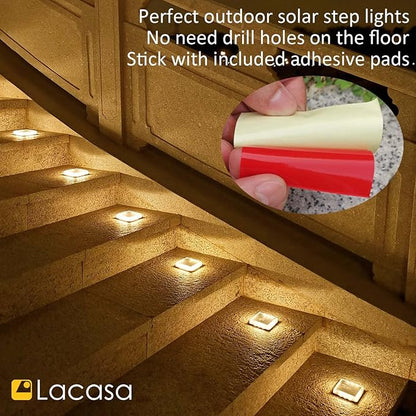 Lacasa Solar Step Lights, 4-Pack 50LM 3000K Warm White LED Solar Deck Lights, Outdoor Solar Powered Step Lights, IP68 Waterproof for Garden Stairs Ground Driveway Pathway