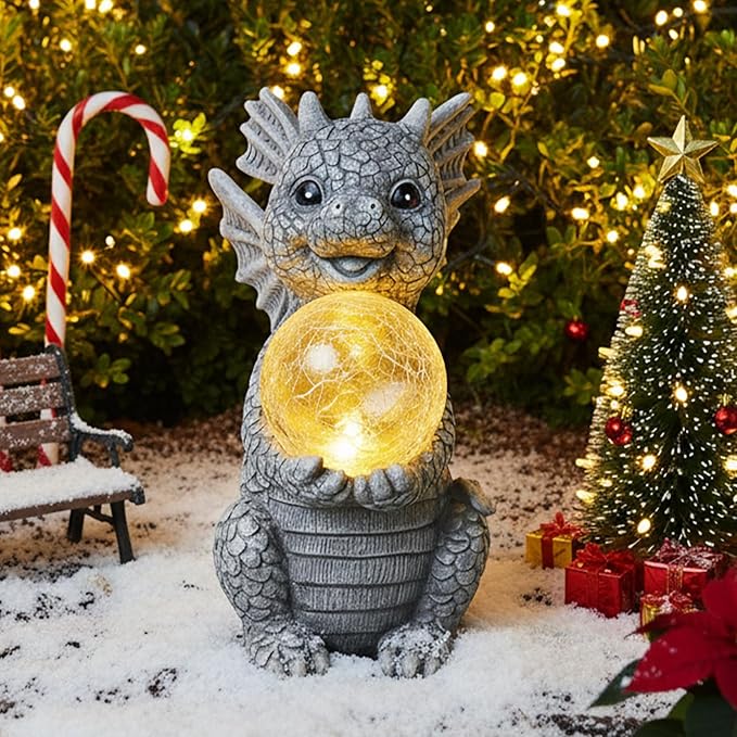 Solar Garden Decorations - Dragon Statue with Crackle Glass Ball Light - Garden Decor for Patio, Yard, Lawn, Pathway, Landescape - Housewarming Gifts - Dragon Gifts for Women Mom Grandmom