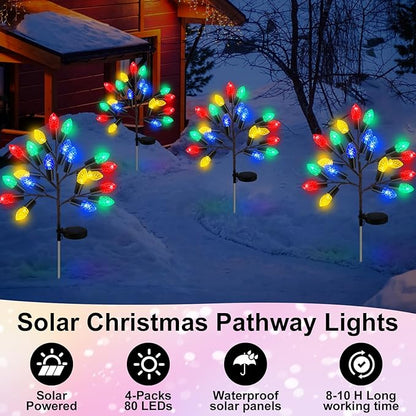 4 Pcs Christmas Solar Pathway Lights Outdoor Decorations 28" Christmas Stake Lamp Yard Waterproof 8 Modes 20 LED Pine Cones Tree for Walkway Path Garden Patio Decor
