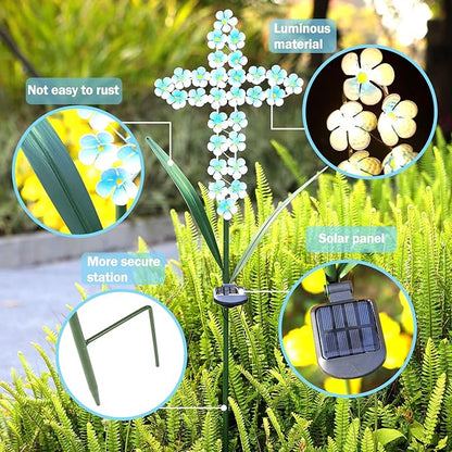 Solar Cross Garden Stake Outdoor Lights, 40 Inch Solar Powered Cross Lights Stake with 24 LED Decorative Flower Lights for Remembrance Gifts