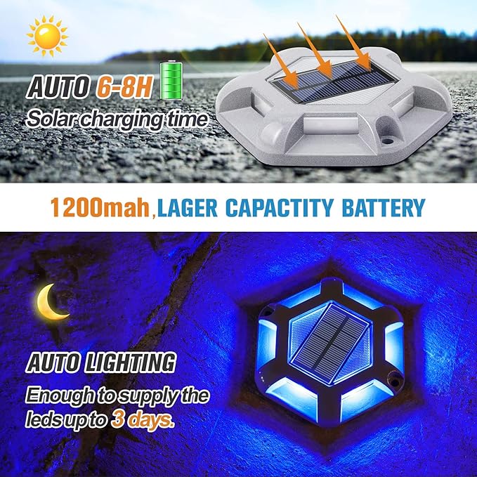 VOLISUN Solar Dock Lights Driveway Deck Lights, 12-Pack Waterproof Outdoor LED Aluminum Dock Lighting Warning Step for Driveway Sidewalk Garden Pathway Yard(Blue+White,2 Colors in 1), Auto On/Off
