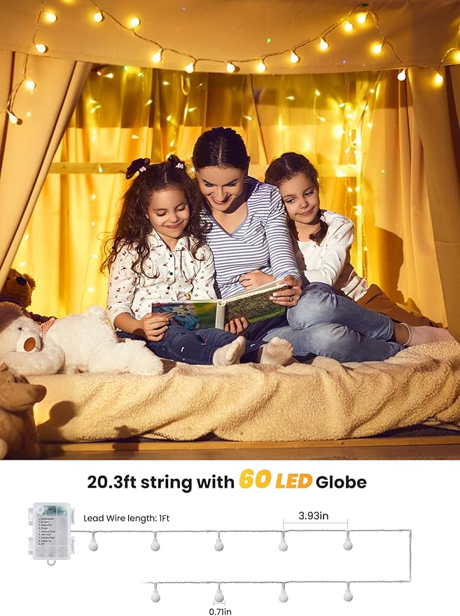 Brightown Battery Operated String Lights for Bedroom, 2 Packs Total 39Ft 120 LED Globe Fairy Lights for Balcony Classroom Wedding Girls Room RV Christmas Garden Party Camping Indoor Outdoor Decor