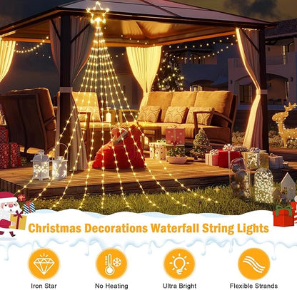 Christmas Decorations Star String Lights - 344 LED 11.8ft 9 Strands Waterfall Tree Lights with Topper Star, 8 Lighting Modes Christmas Lights Indoor Outdoor Decorative for Wedding Yard Party Home