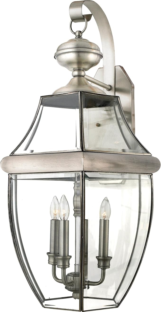 Quoizel Newbury Outdoor Wall Lantern, 23 Inch 3-Light Pewter Wall Sconce, French Country Exterior Wall Lantern Fixture, E12 Base, Clear Glass, Outside Lights for Patio, Porch, Garage or Yard