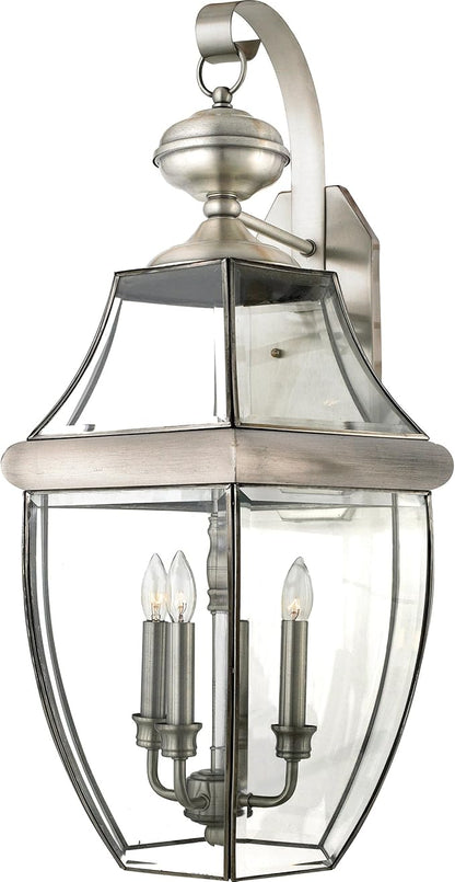 Quoizel Newbury Outdoor Wall Lantern, 23 Inch 3-Light Pewter Wall Sconce, French Country Exterior Wall Lantern Fixture, E12 Base, Clear Glass, Outside Lights for Patio, Porch, Garage or Yard