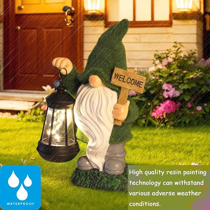 St Patrick’s Day Green Garden Gnome Statue with Solar Lantern Welcome Sign Outdoor Decor for Porch Lawn Patio Yard Holiday Decorations Housewarming Gifts for Women