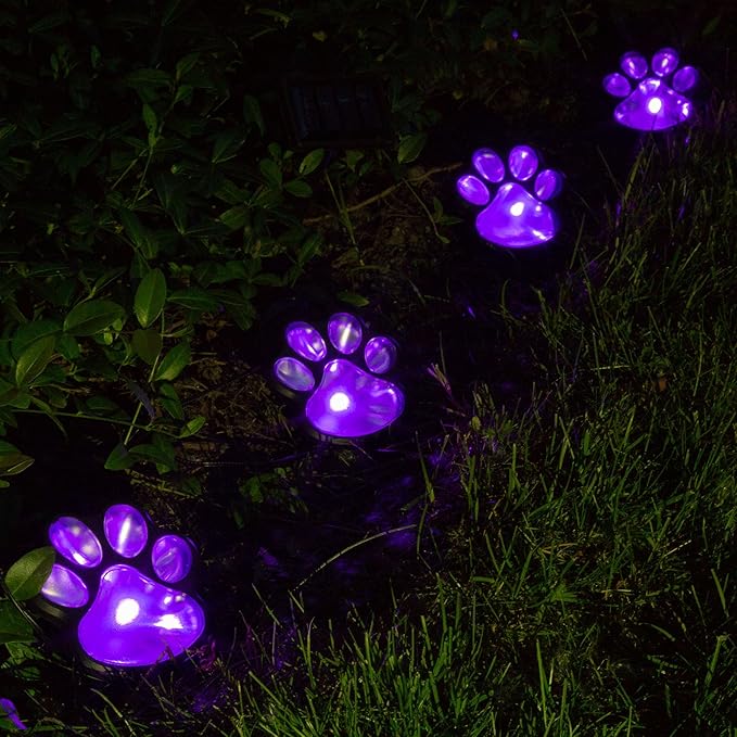 GreaterGood Paw Print Solar Ground Lights Outdoor LED Pathway Lights Color Changing Waterproof Garden Decor for Animal Lovers (Purple, One Size)