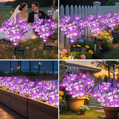Solar Garden Lights Outdoor 4 Pack Lavender Butterfly Lights, Solar Artificial Flower Outdoor Waterproof Decoration Gardening Gifts for Women, Yard Patio Pathway Lawn Courtyard Decoration